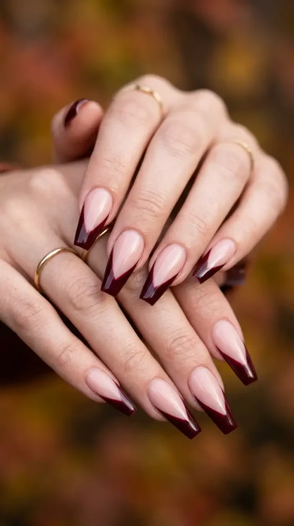 Burgundy French Tip Coffin Nails