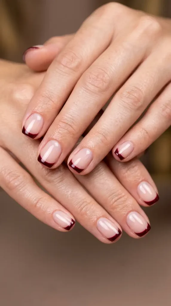 Burgundy French Tips on Short Nails