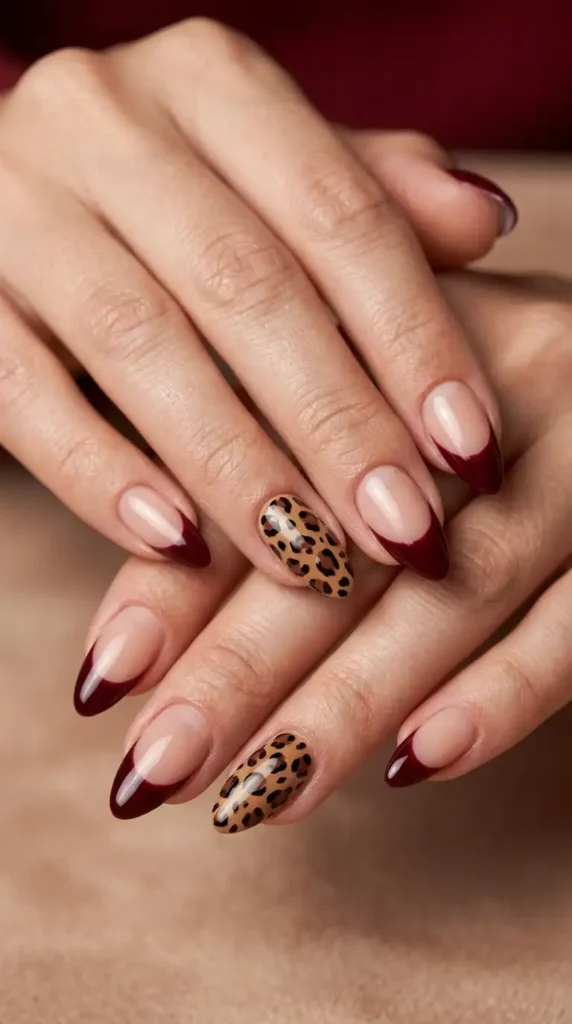 Burgundy French Tips with Animal Print Accent