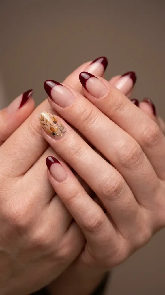 Burgundy French Tips with Floral Accents
