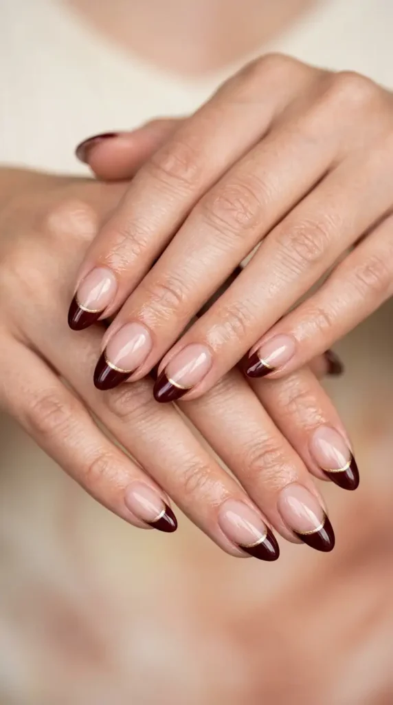 Burgundy French Tips with Gold Line