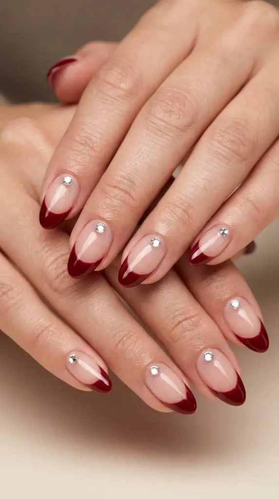Burgundy French Tips with Rhinestone Cuticle Detail