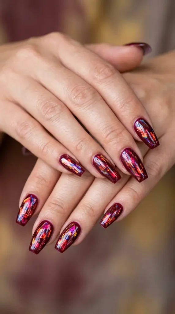 Burgundy Glass Effect Coffin Nails