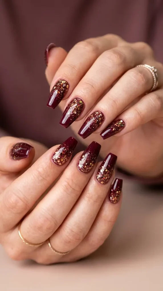 Burgundy Glitter Fade Coffin Nails