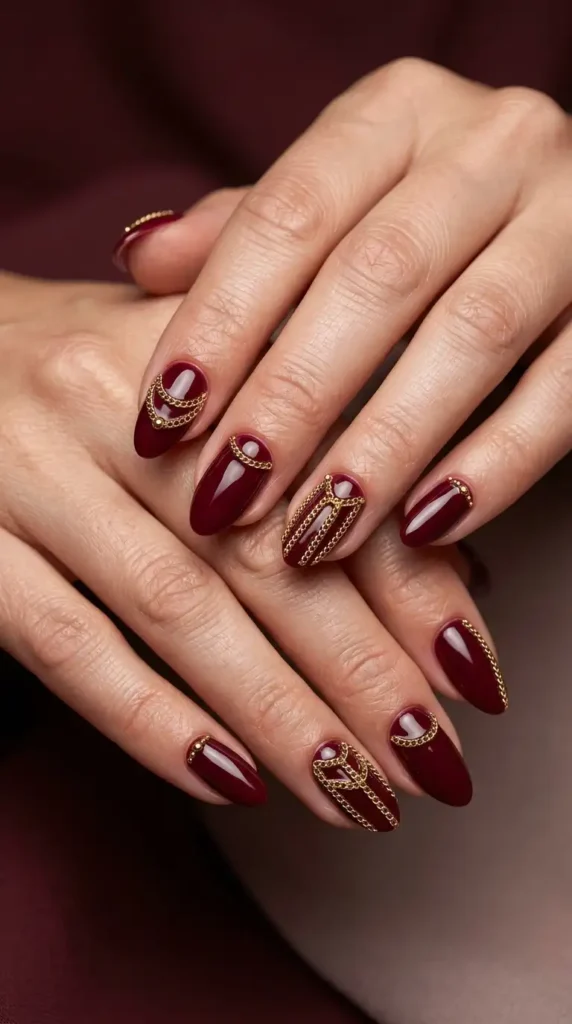 Burgundy Gold Chain Nail Design
