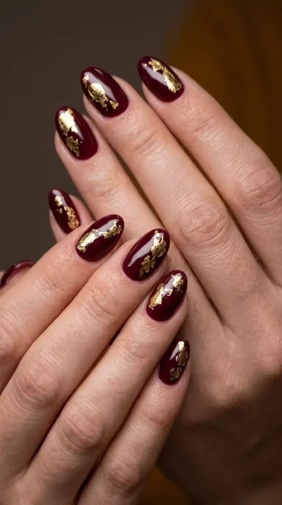 Burgundy Gold Foil Nails