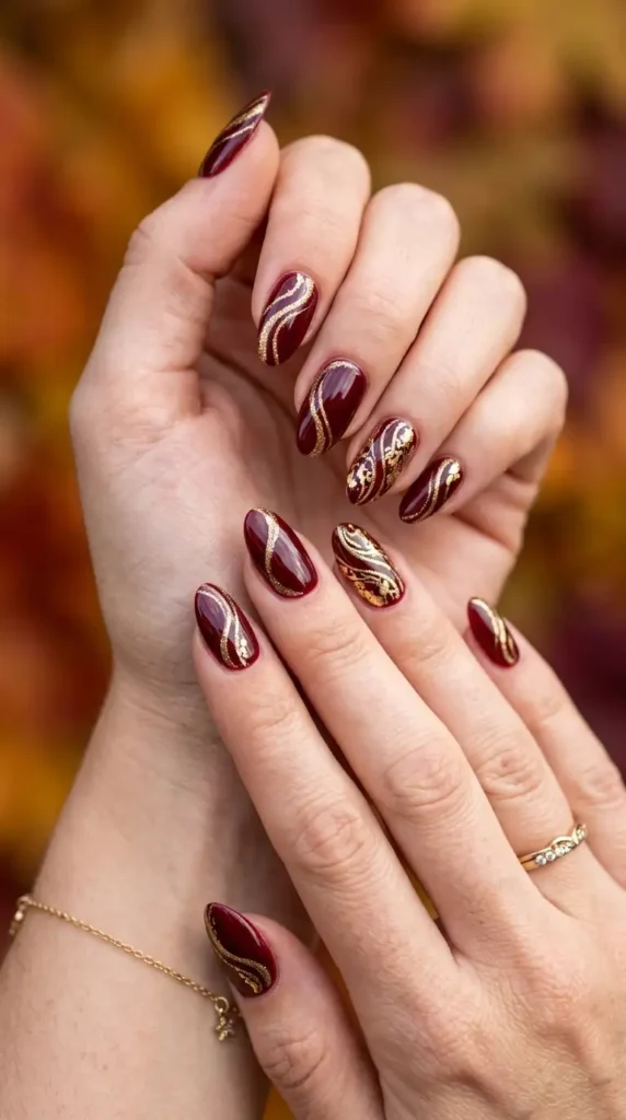  Burgundy & Gold Swirl Nails