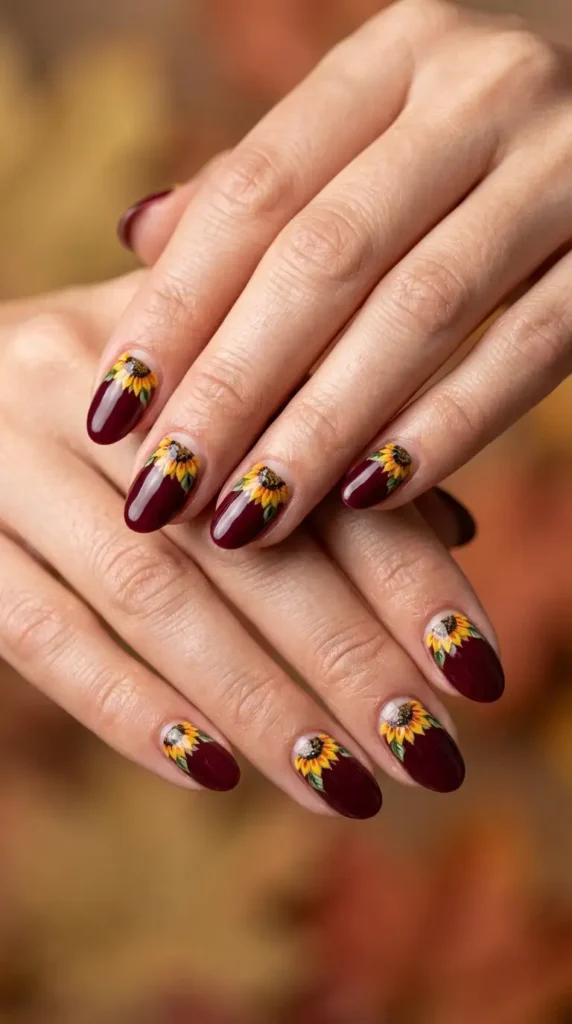 Burgundy Half-Moon Sunflower Nails