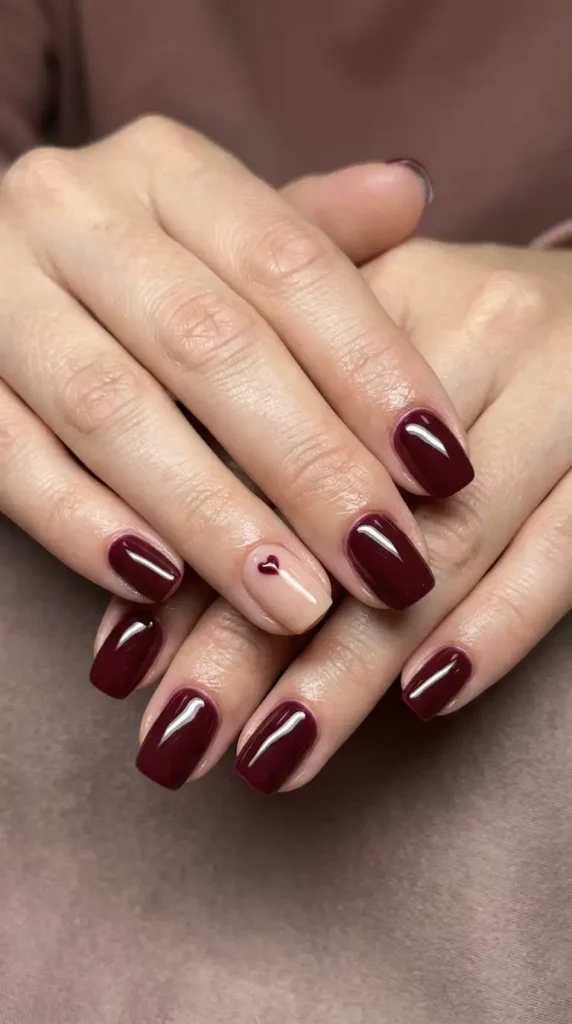 Burgundy Heart Accent Nails