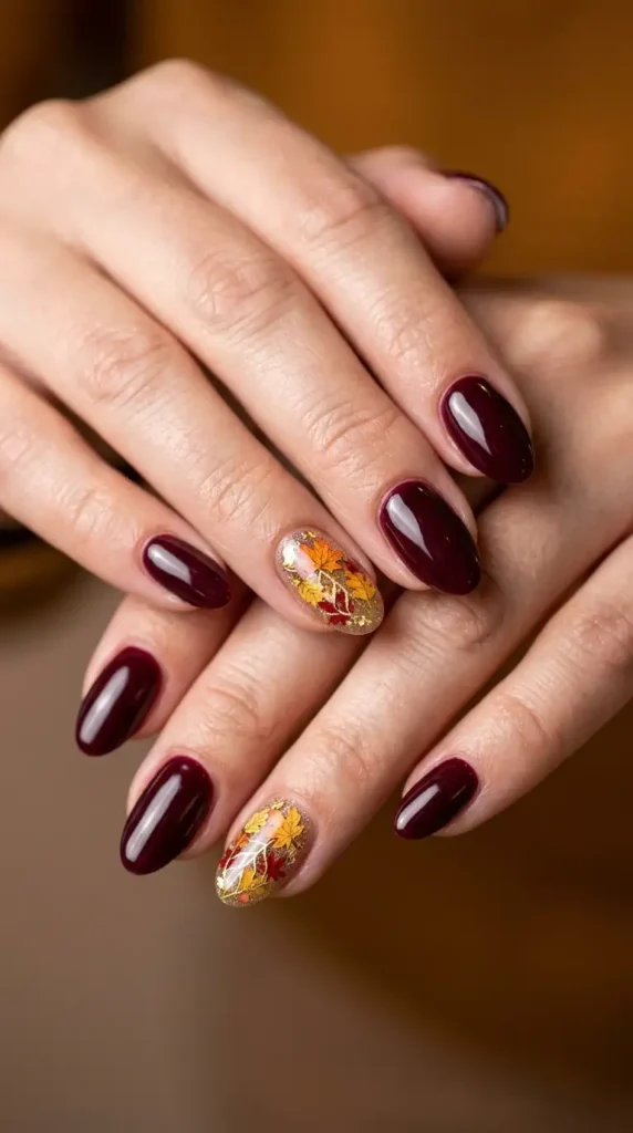 Burgundy Leaf Accent Nails