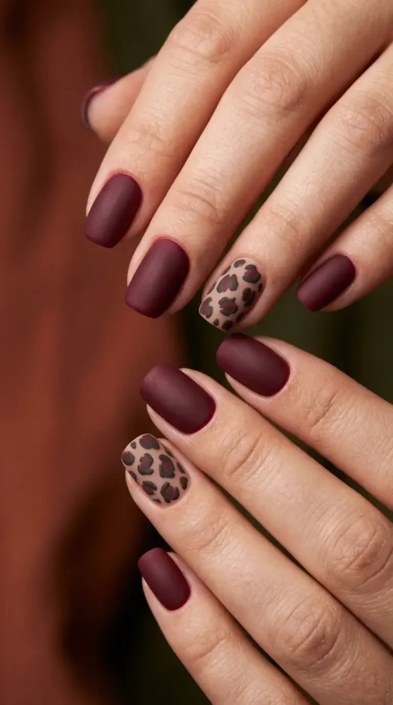 Burgundy Leopard Accent Nails