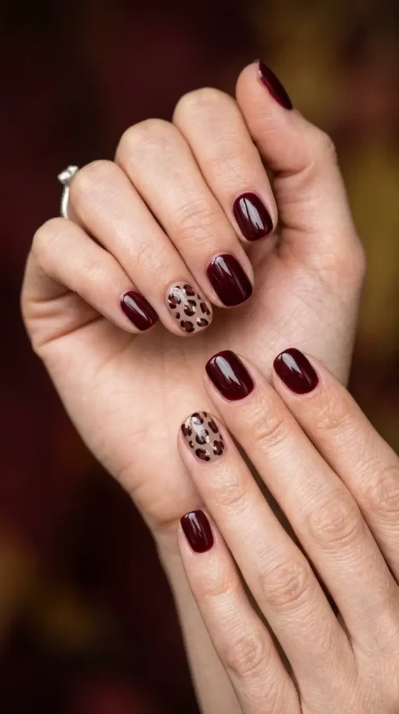 Burgundy Leopard Print Accent Nails