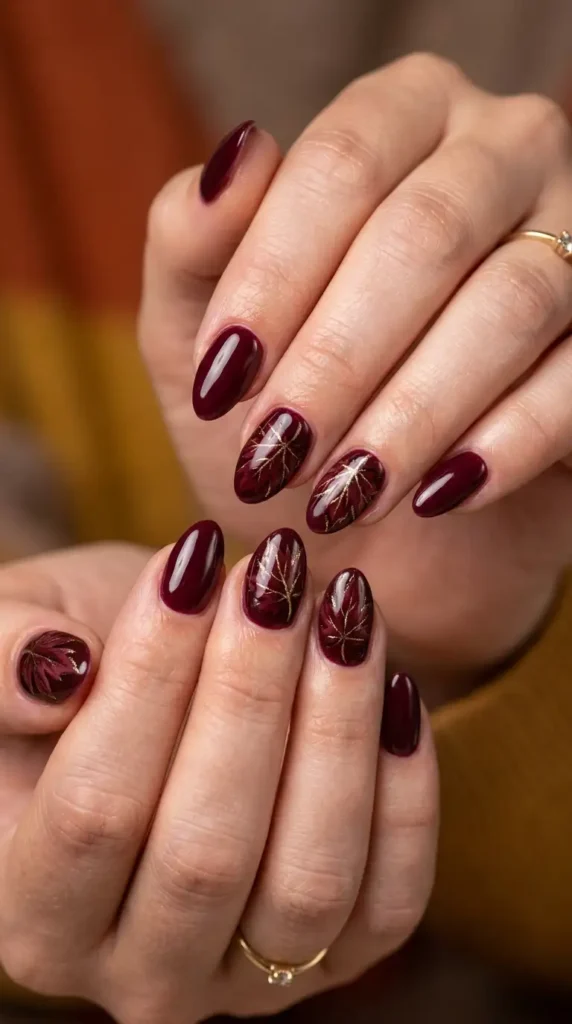 Burgundy Maple Leaf Nails