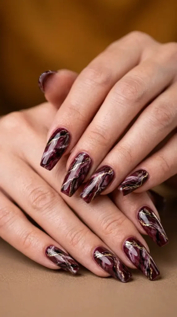 Burgundy Marble Coffin Nails