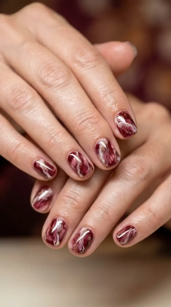 Burgundy Marble Gel Nail Design