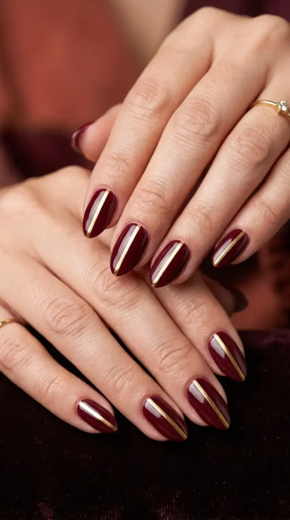 Burgundy Metallic Stripe Nails