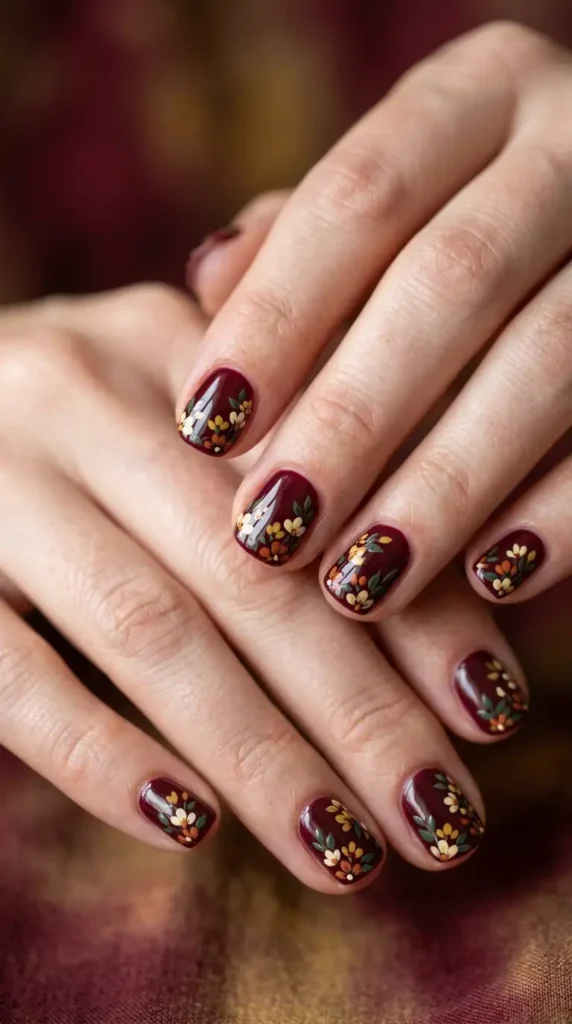 Burgundy Micro Floral Nail Art