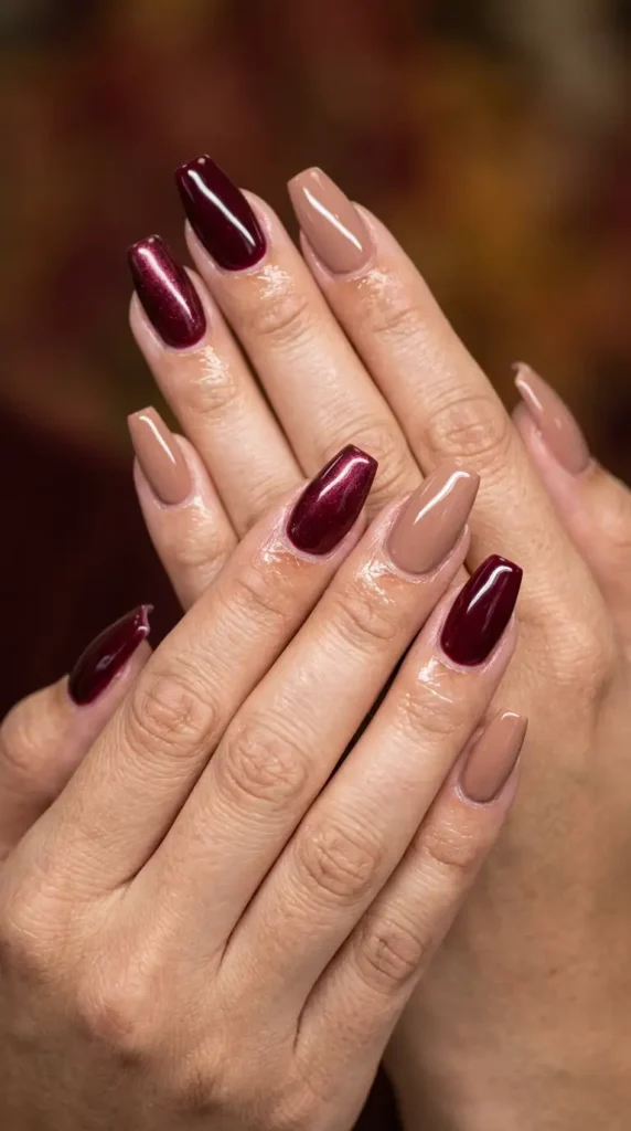 Burgundy Mocha Skittle Coffin Nails