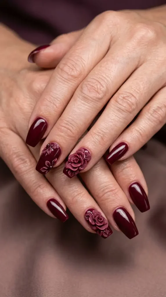 Burgundy Nails with 3D Gel Flowers