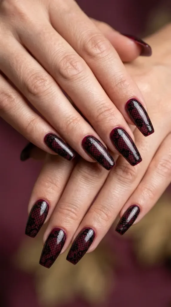 Burgundy Nails with Black Lace Art