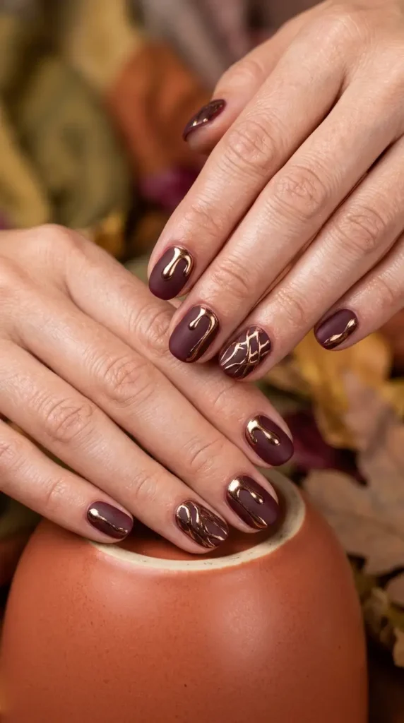 Burgundy Nails with Bronze Chrome Details