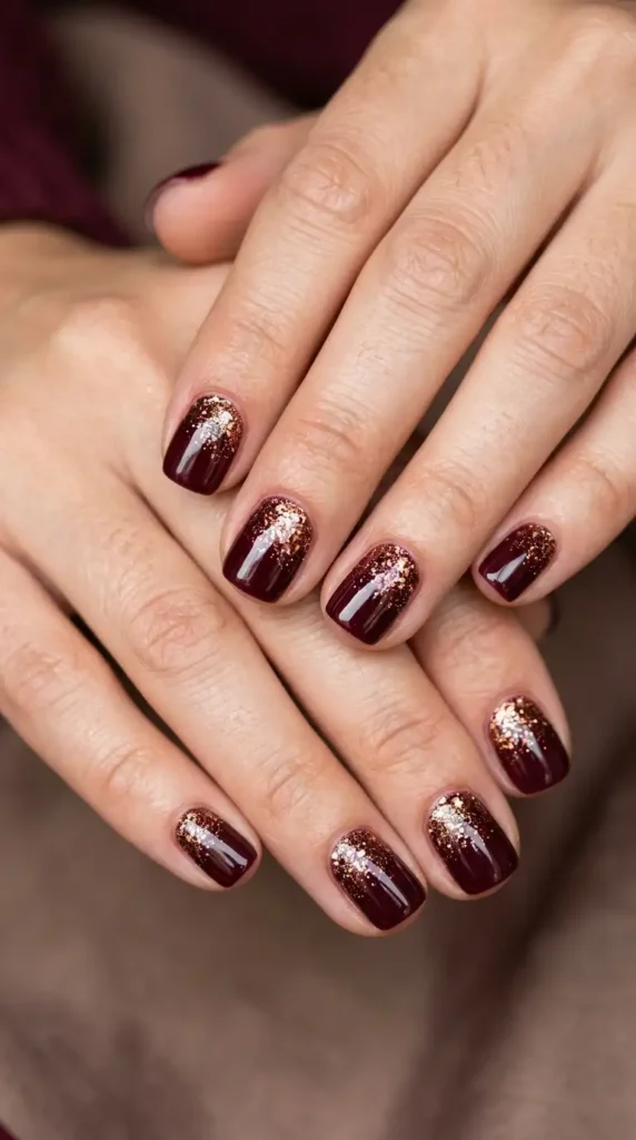 Burgundy Nails with Bronze Glitter Cuticles