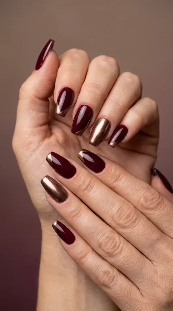 Burgundy Nails with Mocha Chrome Details