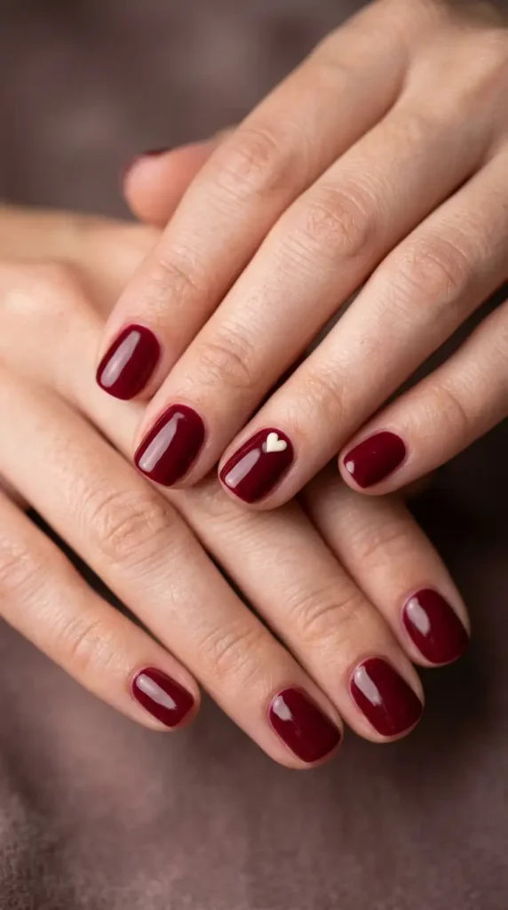 Burgundy Nails with Tiny Heart Details