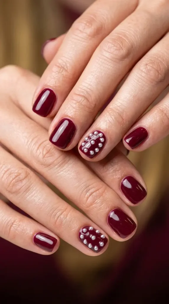Burgundy Nails with Tiny Pearls