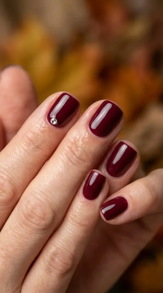 Burgundy Nails with Tiny Rhinestone Accent