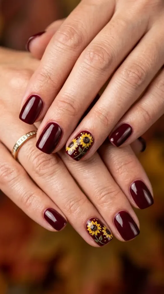 Burgundy Nails with Tiny Sunflowers