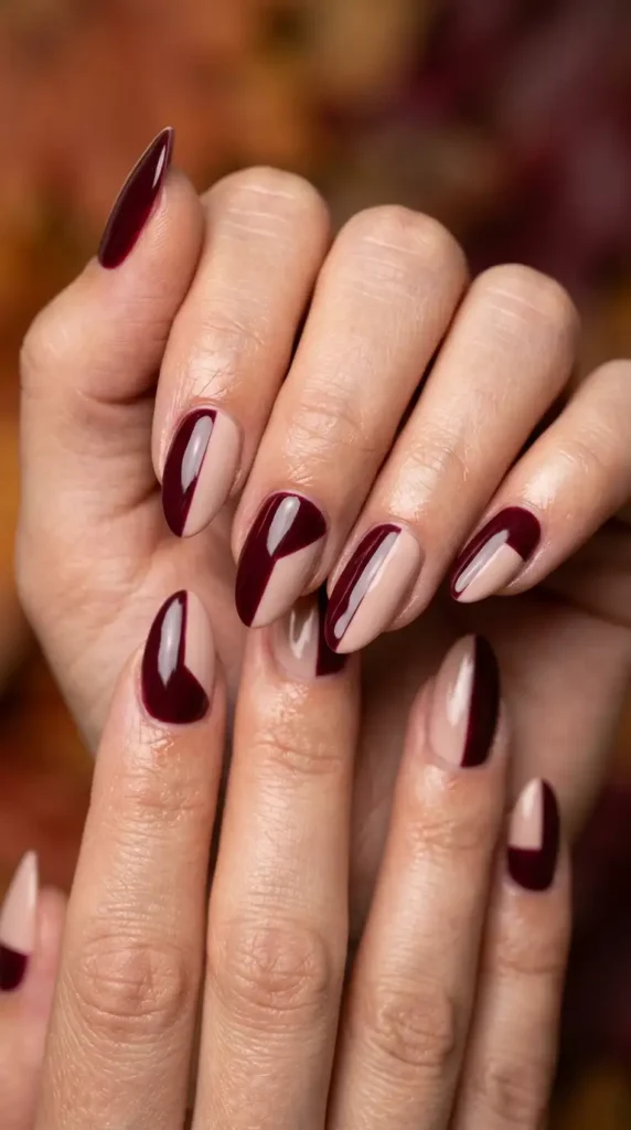 Burgundy & Nude Color Block Nails
