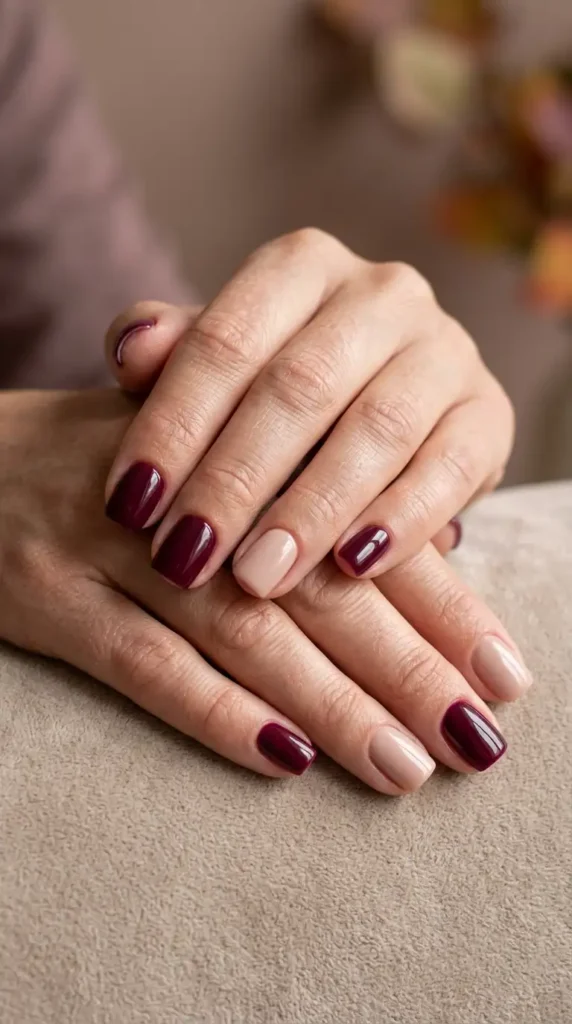 Burgundy & Nude Color Mix Nails