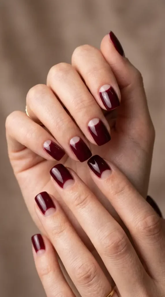  Burgundy & Nude Half-Moon Nails