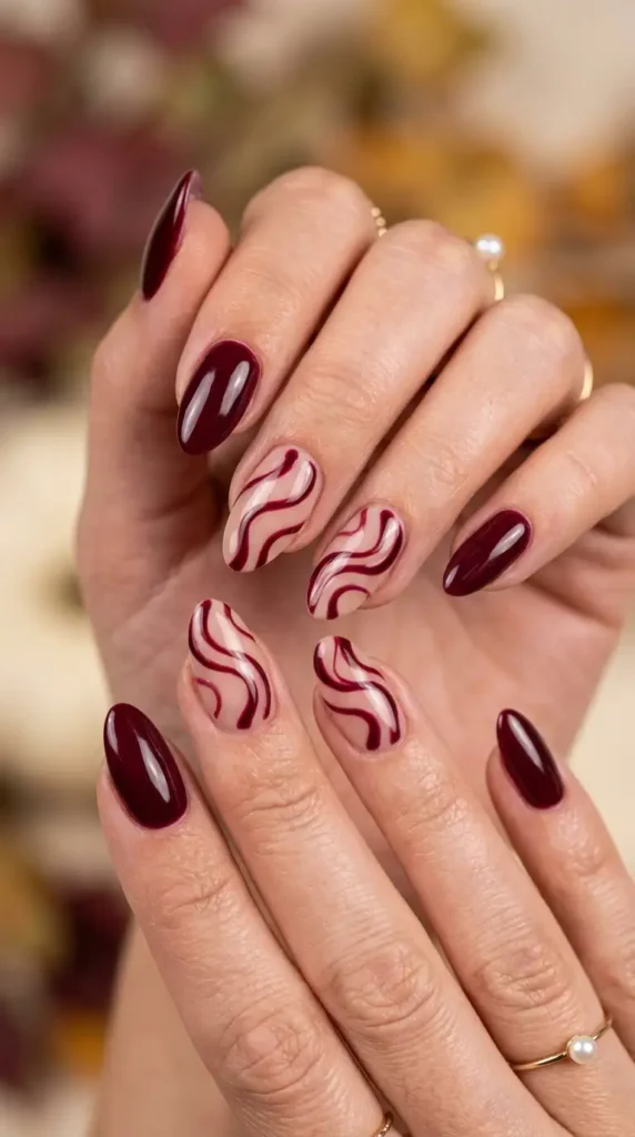 Burgundy & Nude Swirl Nails