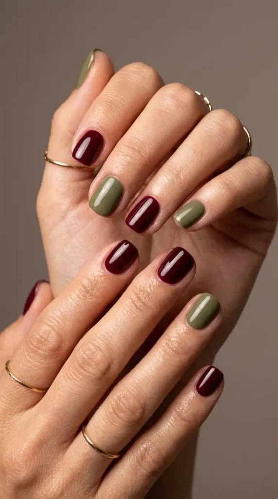 Burgundy & Olive Green Fall Combo Nails