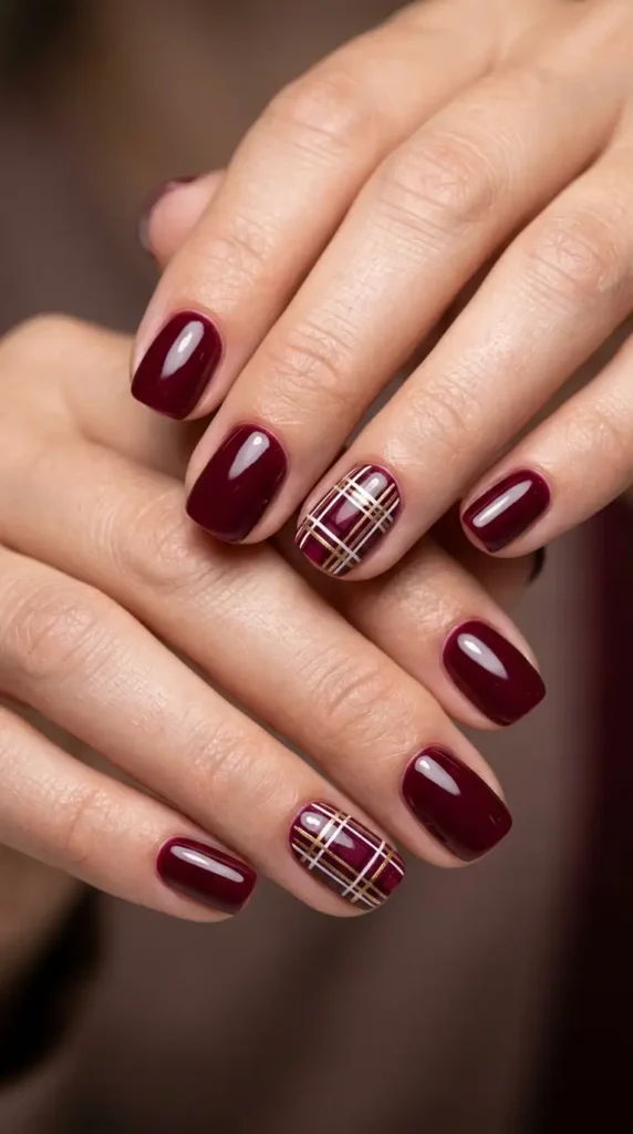 Burgundy Plaid Accent Nails for Fall