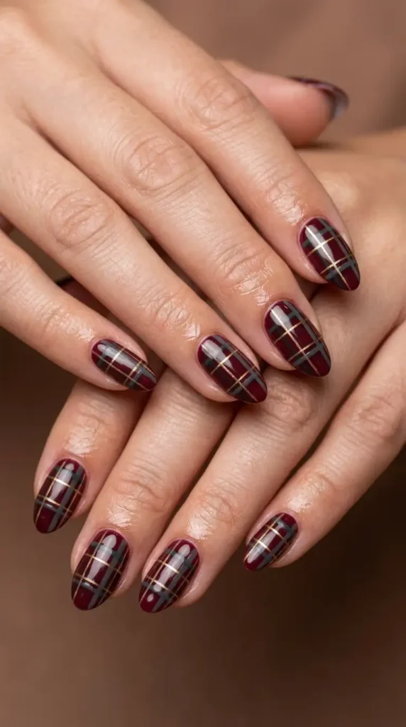 Burgundy Plaid Fall Nails