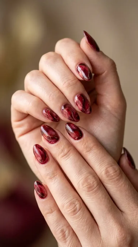 Burgundy Red Wine Marble Nails
