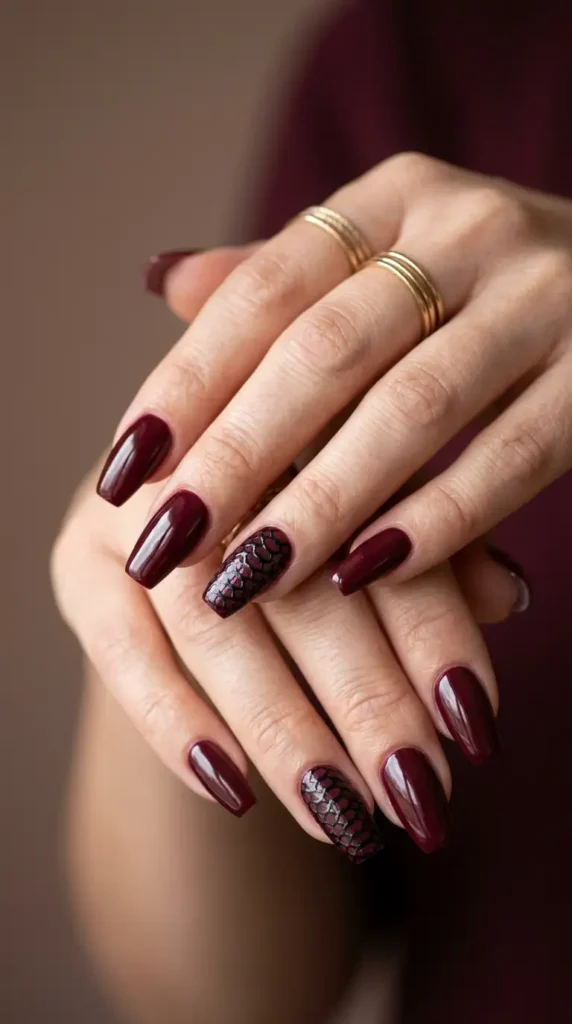 Burgundy Snake Print Accent Nails