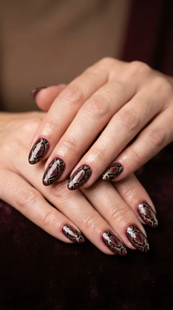 Burgundy Snake Print Nails