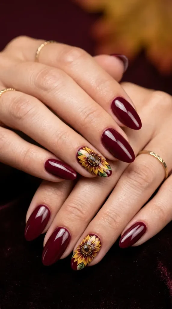 Burgundy Sunflower Accent Nails