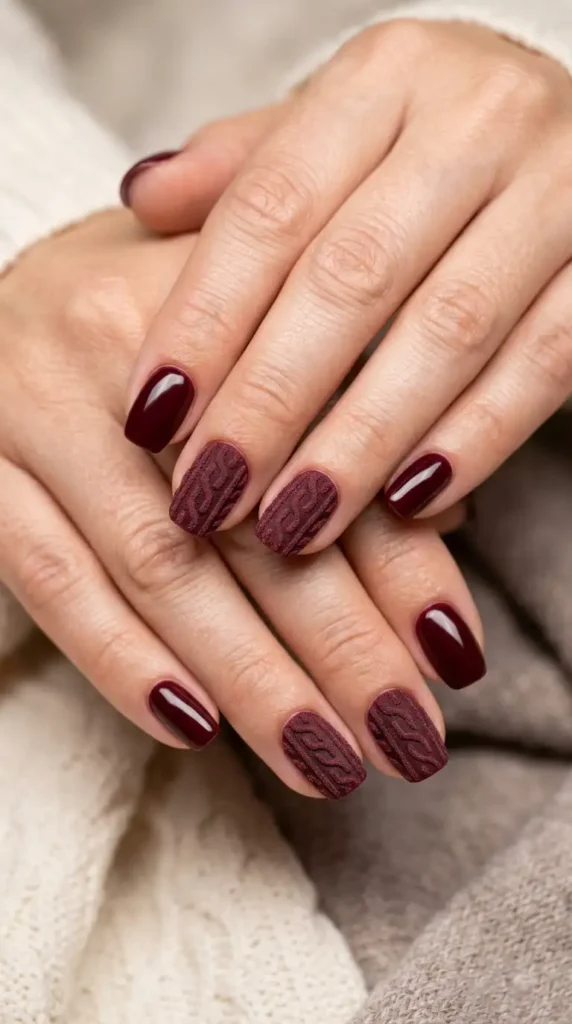 Burgundy Sweater Knit Nails