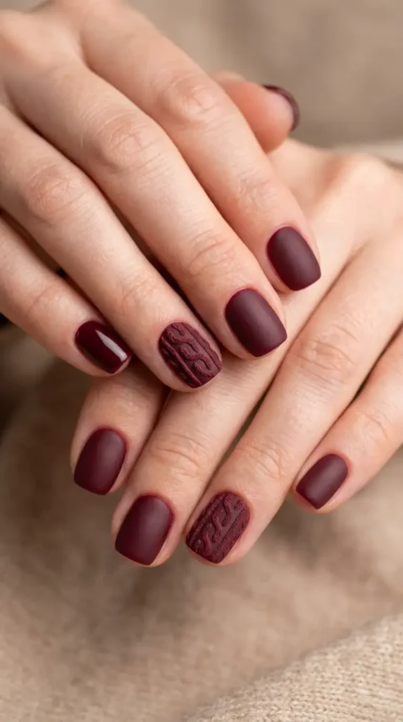 Burgundy Sweater Texture Accent Nails