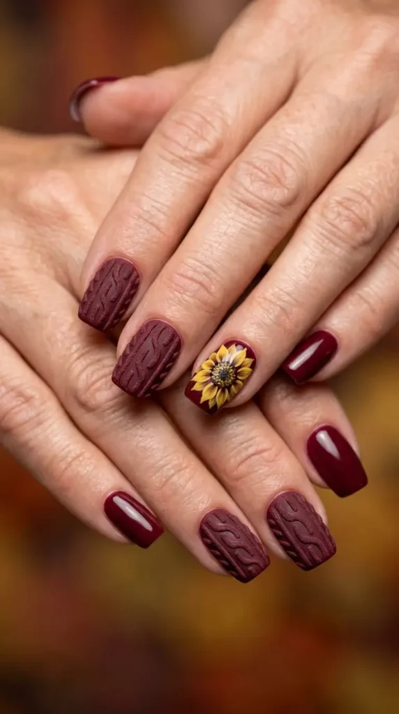 Burgundy Sweater Texture with Sunflower Accent