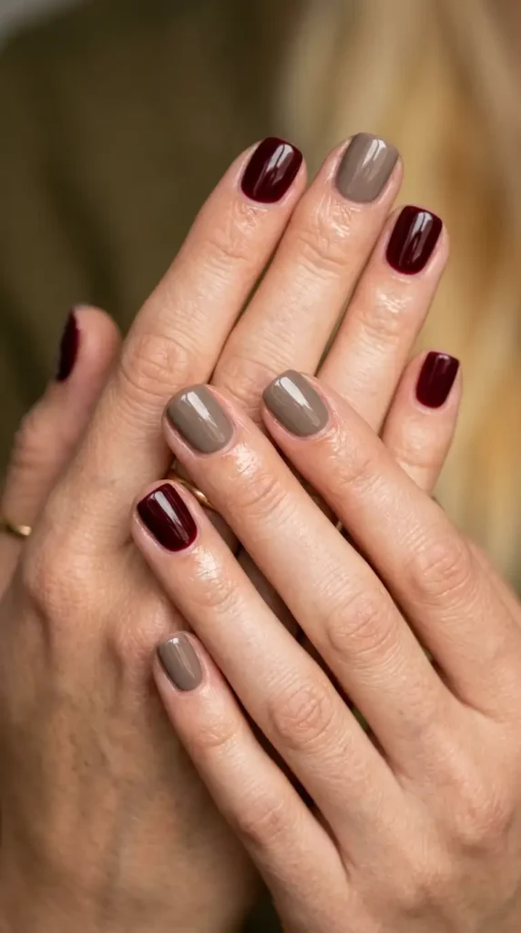Burgundy & Taupe Color Combination Nails