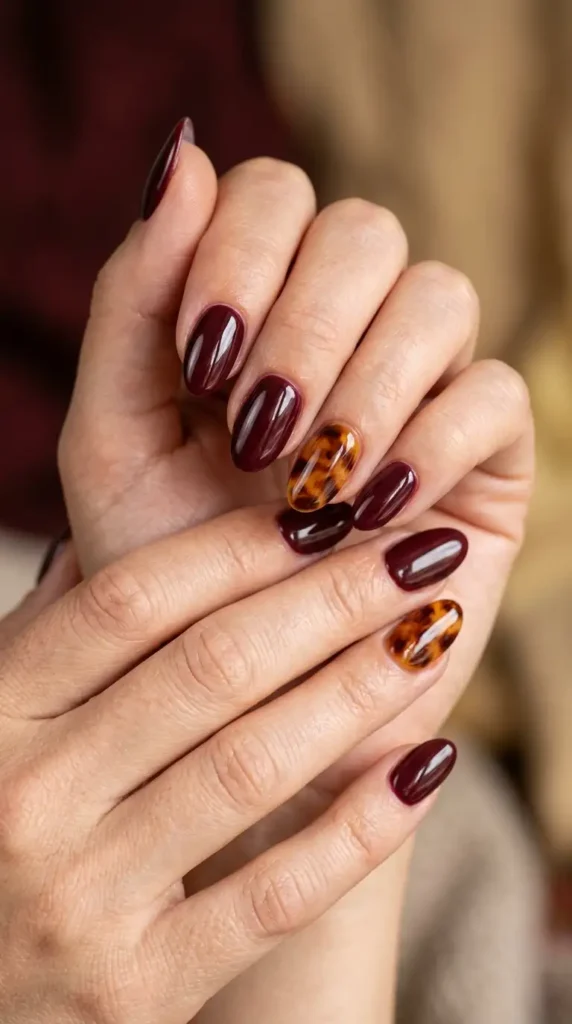 Burgundy Tortoiseshell Accent Nails