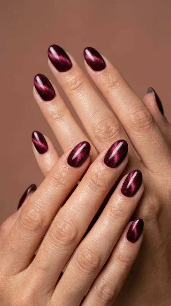 Burgundy Velvet Cat Eye Nails