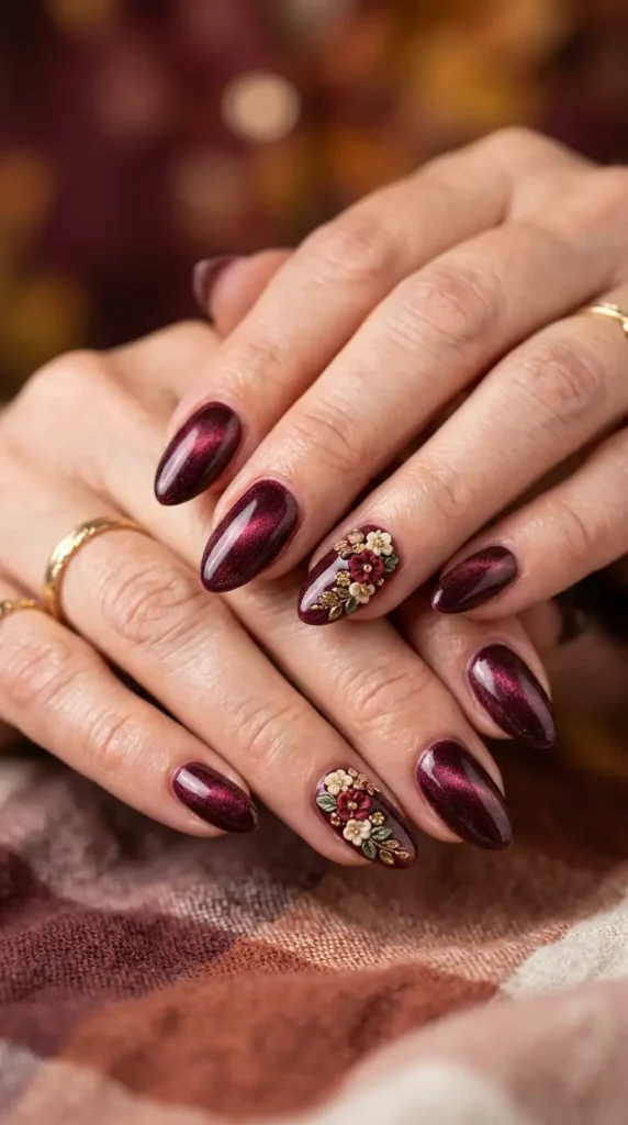 Burgundy Velvet Nails with Floral Embellishments