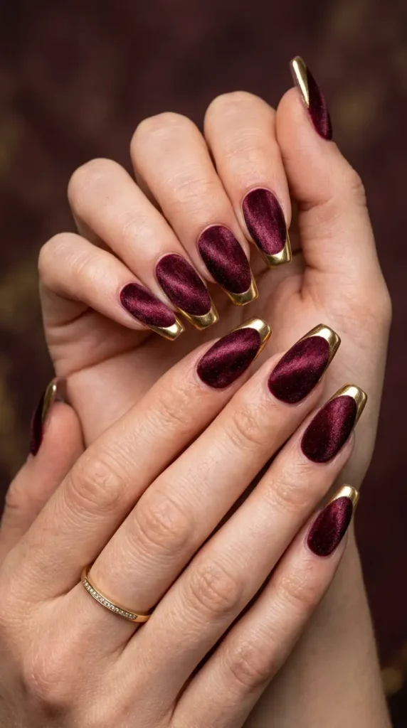 Burgundy Velvet Nails with Gold French Tips